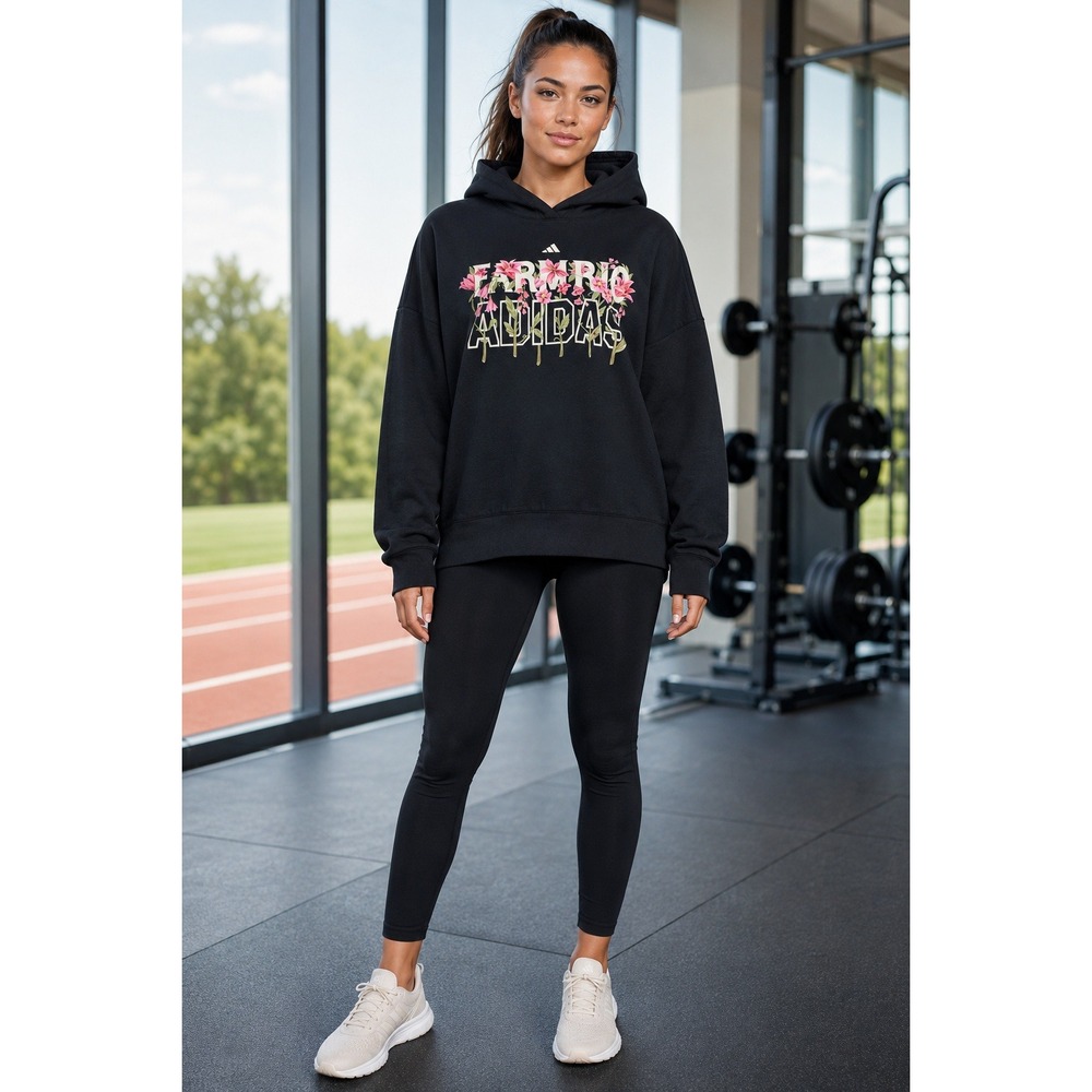Adidas x Farm Rio Womens Floral Graphic Pullover Hoodie Black Oversized HI5235 - Picture 1 of 3